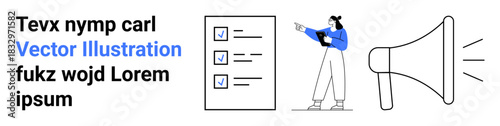 Woman pointing at checklist, holding clipboard. Loudspeaker representing announcements. Ideal for communication, task management, productivity, teamwork, marketing, education simple landing page