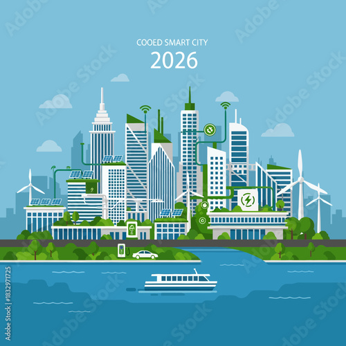 Sustainable smart city illustration showcasing modern urban planning, green energy, solar panels, wind turbines, electric vehicles, and architecture by a waterfront