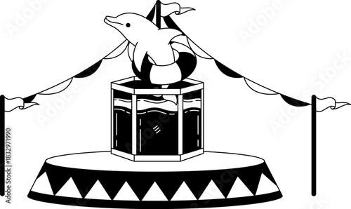 black and white A dolphin in a small in a circus tent
