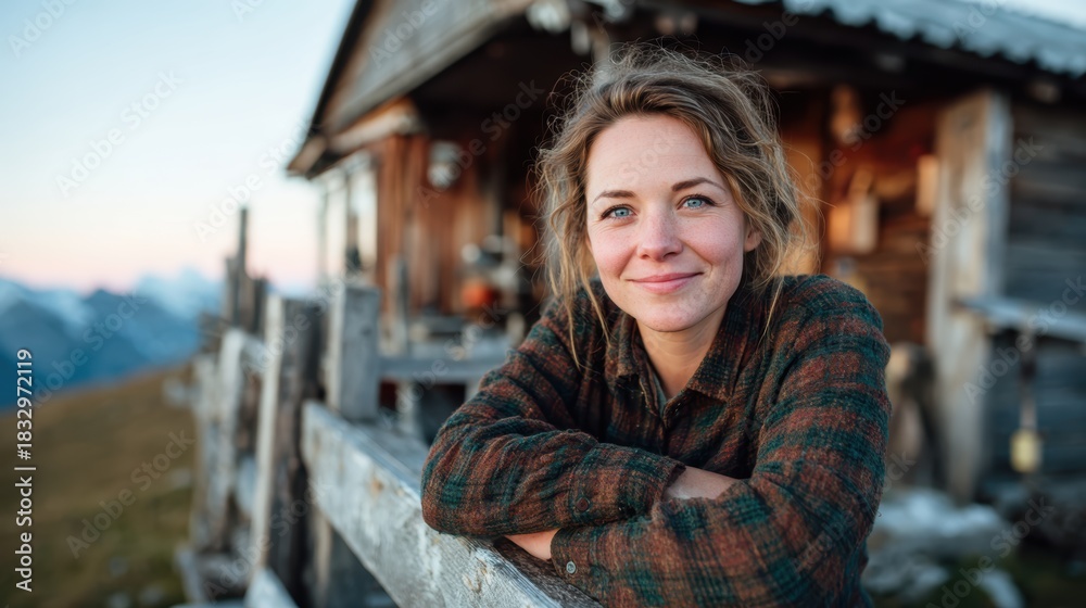 Fototapeta premium A joyful woman leans against a wooden fence near a rustic cabin in the mountains, capturing the serene beauty of nature and a peaceful lifestyle at twilight.