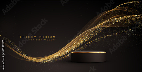 Black Gold cylinder podium. Golden Luxury Podium in the Dark Room for mockup products, promotion display. Black Studio Scene Background. Vector illustration
