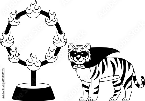 black and white illustration of A cartoon tiger stands in front of a circus ring