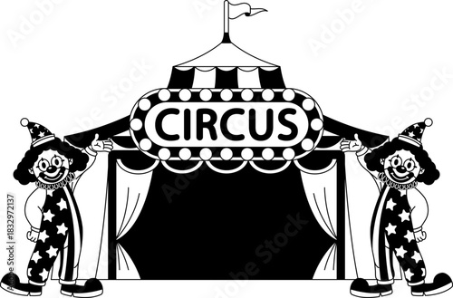 black and white Two clowns stand in front of a circus tent
