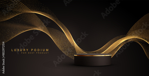 Black Gold cylinder podium. Golden Luxury Podium in the Dark Room for mockup products, promotion display. Black Studio Scene Background. Vector illustration