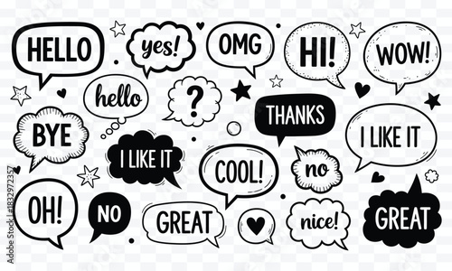 Collection of black and white hand-drawn speech bubbles with various words and symbols text phrase
