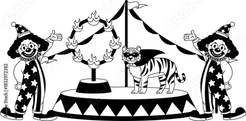 black and white Two clowns stand next to a circus ring with a tiger