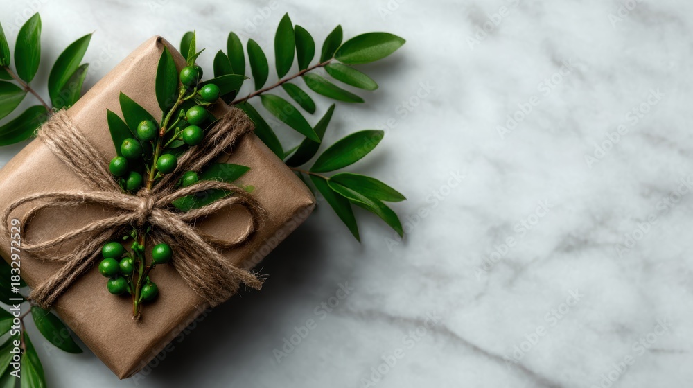 Fototapeta premium An elegantly wrapped gift using natural materials and decorative foliage, perfect for enhancing the aesthetic of any celebration while symbolizing thoughtfulness and care.