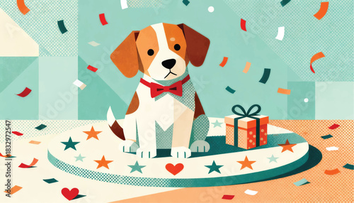 Cute dog with gift box and confetti celebration illustration