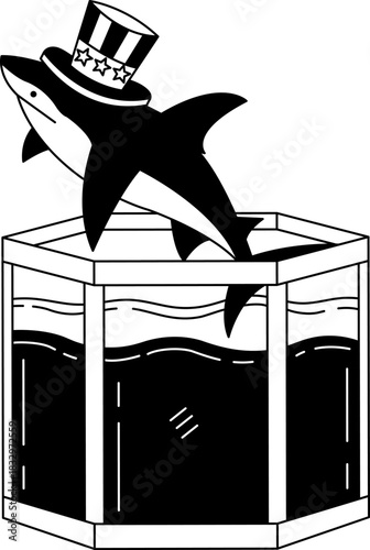 black and white A shark in an American flag hat is in a fish tank