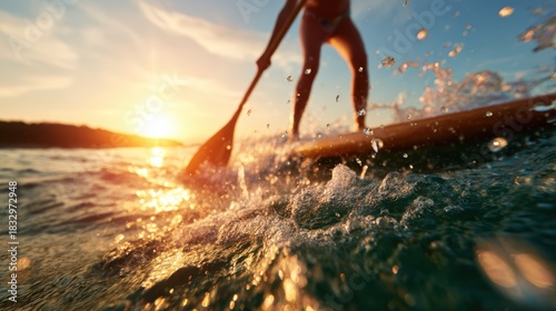 A stunning sunset casts a golden glow as a paddleboarder glides across shimmering waters, creating a peaceful scene that combines adventure with nature's beauty.