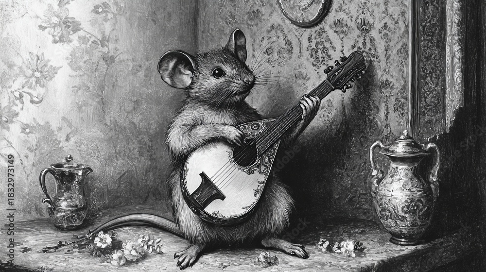 Obraz premium Victorian black and white illustration of a mouse playing the lute