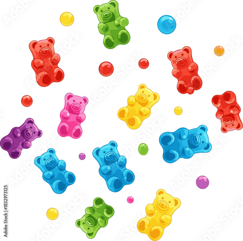 Create a kinds of deferent Falling Colorful jelly gummy bear, Vector art with a white background..