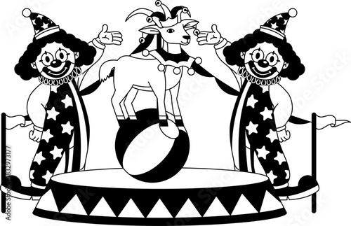 black and white Two clowns are performing a circus act with a goat on a ball