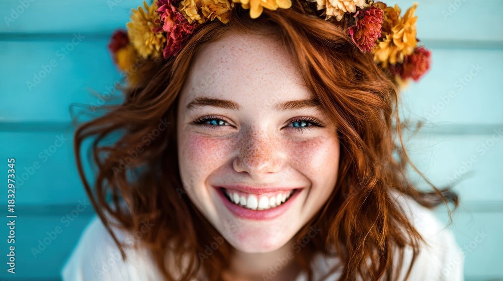 Naklejka premium A radiant young girl with a bright smile and vibrant red hair adorned with a flower crown, exuding joy and positivity, perfect for portraying happiness and youthful innocence.