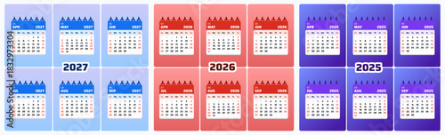 April 2027 Calendar. September, August, July, June, May, April 2026 Daily Planner. Simple July 2025 Layout. Vector artwork