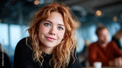 Wallpaper Mural A captivating portrait of a young woman with vibrant curly ginger hair and a warm smile, evoking feelings of happiness, friendliness, and youthful energy in a lively environment. Torontodigital.ca