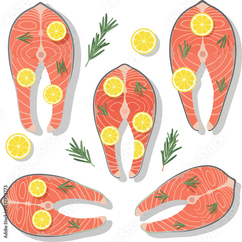 Create a kinds of deferent Fresh salmon fillet with lemon and rosemary Vector art with a white background..