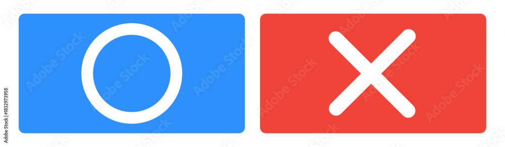 Obraz premium Minimal O and X icon set with bold blue and red backgrounds. Ideal for UI decisions, game indicators, check systems, confirmation prompts, voting graphics, quizzes, and modern interface elements