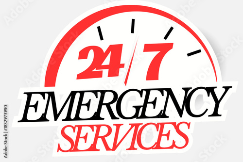 24/7 Emergency Services Badge – Red and Black Urgent Support Icon with Clock Symbol for Fast Assistance,