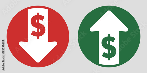 Money increase and decrease icons illustration for business, finance, and sales, with arrows and dollar symbols indicating rising or falling values