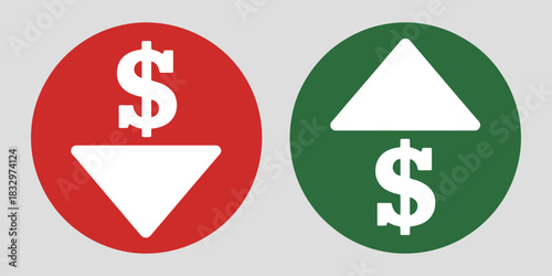 Money increase and decrease icons illustration for business, finance, and sales, with arrows and dollar symbols indicating rising or falling values