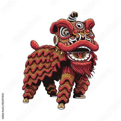 vector illustration of a lion dance with a white background