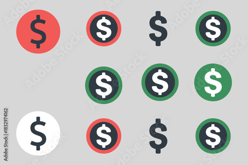 Money increase and decrease icons illustration for business, finance, and sales, with arrows and dollar symbols indicating rising or falling values