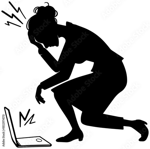 Stressed Person with Laptop – Digital Burnout Silhouette
