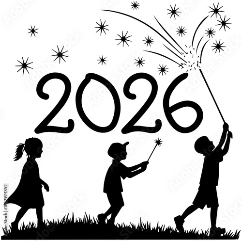 Children with Sparklers – 2026 Celebration Silhouette
