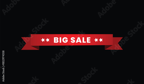 Bold red ribbon banner announcing big sale with star accents