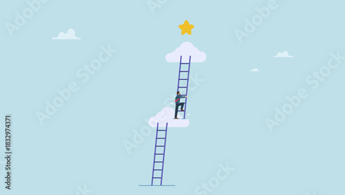 Businessman climb up ladder to higher level to reach star. Career path or job promote, occupation or ladder of success, growth step or progress to achieve goal, challenge and ambition.