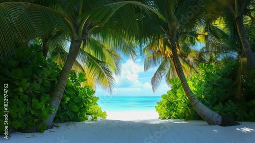 Relaxing tropical paradise with palm trees and crystal clear waters by the beach