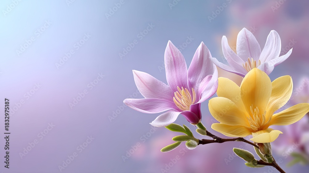 Naklejka premium Beautiful blooming flowers in pastel colors on a soft gradient background showcasing nature's elegance and delicate floral features for serene compositions