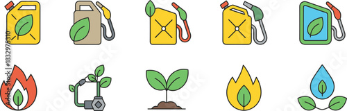 Comprehensive Collection of Colorful Biofuel and Ecology Icons, Featuring Gas Canisters with Leaves, Flames, Water Drops, and Seedlings for Renewable Energy and Sustainability Projects.