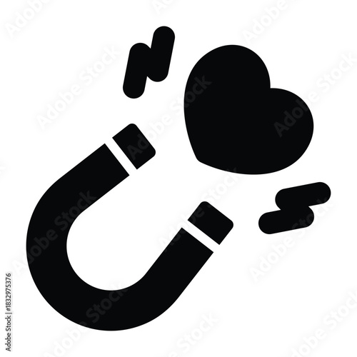 Solid black magnet attracting a heart, ideal for love themes, engagement, social interaction, and emotional or relationship visuals.