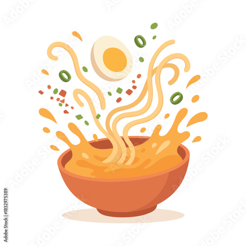 Bowl of ramen with noodles, egg, and toppings splashing out. Delicious Japanese cuisine. Fun flat design Asian food illustration isolated on white background.