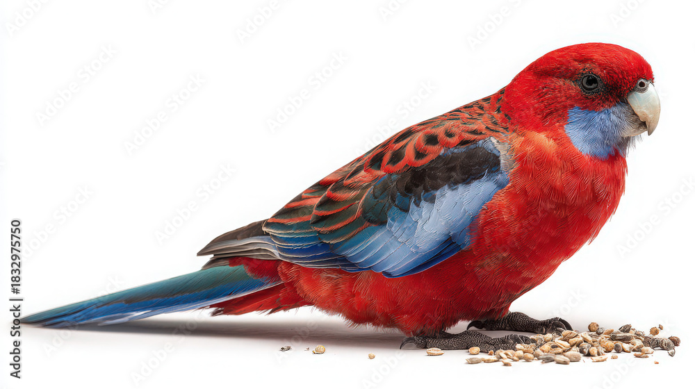 Obraz premium crimson rosella parrot eating seeds on white background