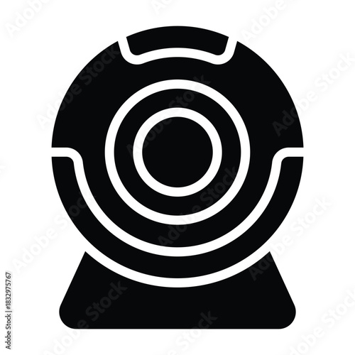 Solid black webcam with lens detail, ideal for streaming, online meetings, security cams, and digital communication visuals.