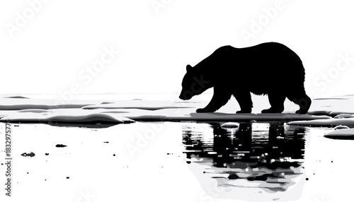 Silhouette of a bear walking by a reflective water surface  
