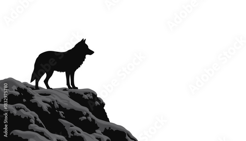 Wolf silhouette standing on rocky cliff against white background  