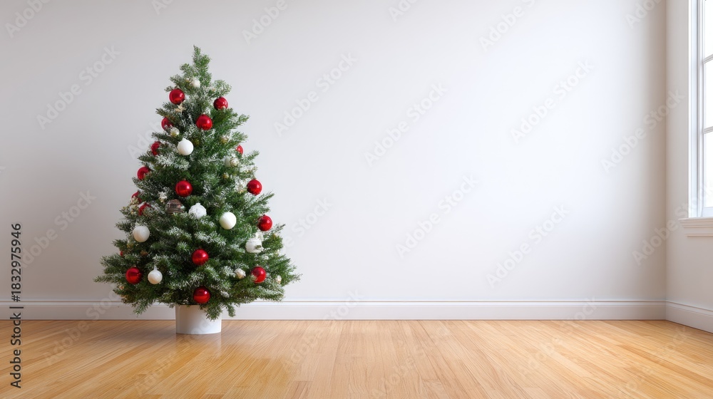 Fototapeta premium Beautifully Decorated Christmas Tree with Red and White Ornaments in a Bright, Minimalistic Room with Light Wooden Floor and Natural Light