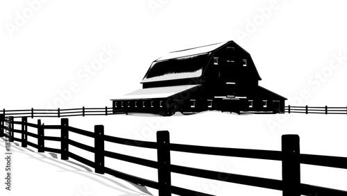Snowy black barn surrounded by fence in winter landscape  