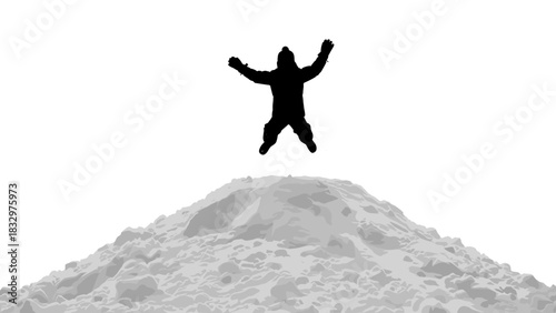 Person jumping joyfully from a snow mound against white background  