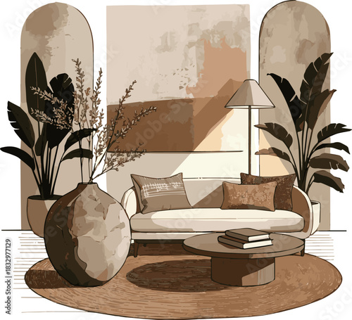 Create a Elegant home interior with a blend of contemporary and natural materials. Warm neutrals, textured textiles, and sculptural décor. vector art with a white background