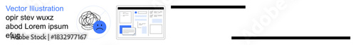 Web design, user experience, wireframing, design challenges, prototyping, interface design. Sad face icon next to interface wireframes. User experience and web design in the theme
