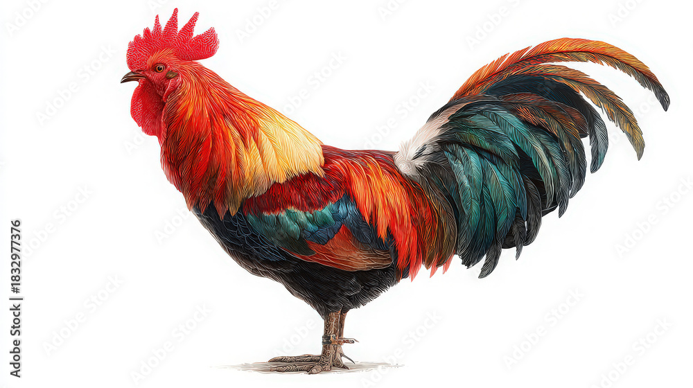 Fototapeta premium rooster crowing in morning light with colorful tail isolated on white