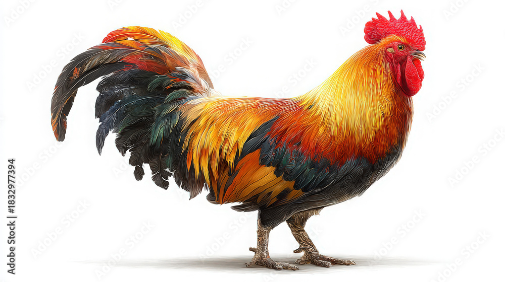 Fototapeta premium rooster crowing in morning light with colorful tail isolated on white