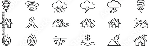 Extensive Natural Disaster and House Damage Vector Line Icon Set, Covering Tornadoes, Floods, Volcanoes, Fires, and Earthquakes for Safety, Risk, and Insurance Presentations.
