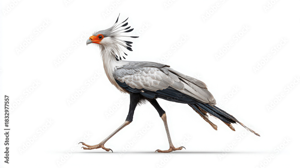 Fototapeta premium secretary bird walking on white background with quill-like feathers