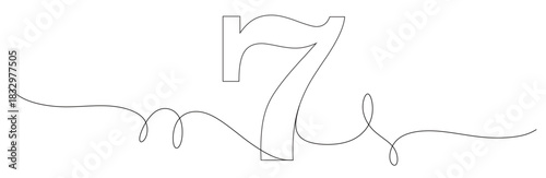 Continuous line art of the number 7 with curved and twisting lines. Vector illustration 